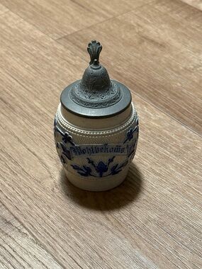 Vintage Ceramic Beer Stein with Pewter Lid - Blue and Cream